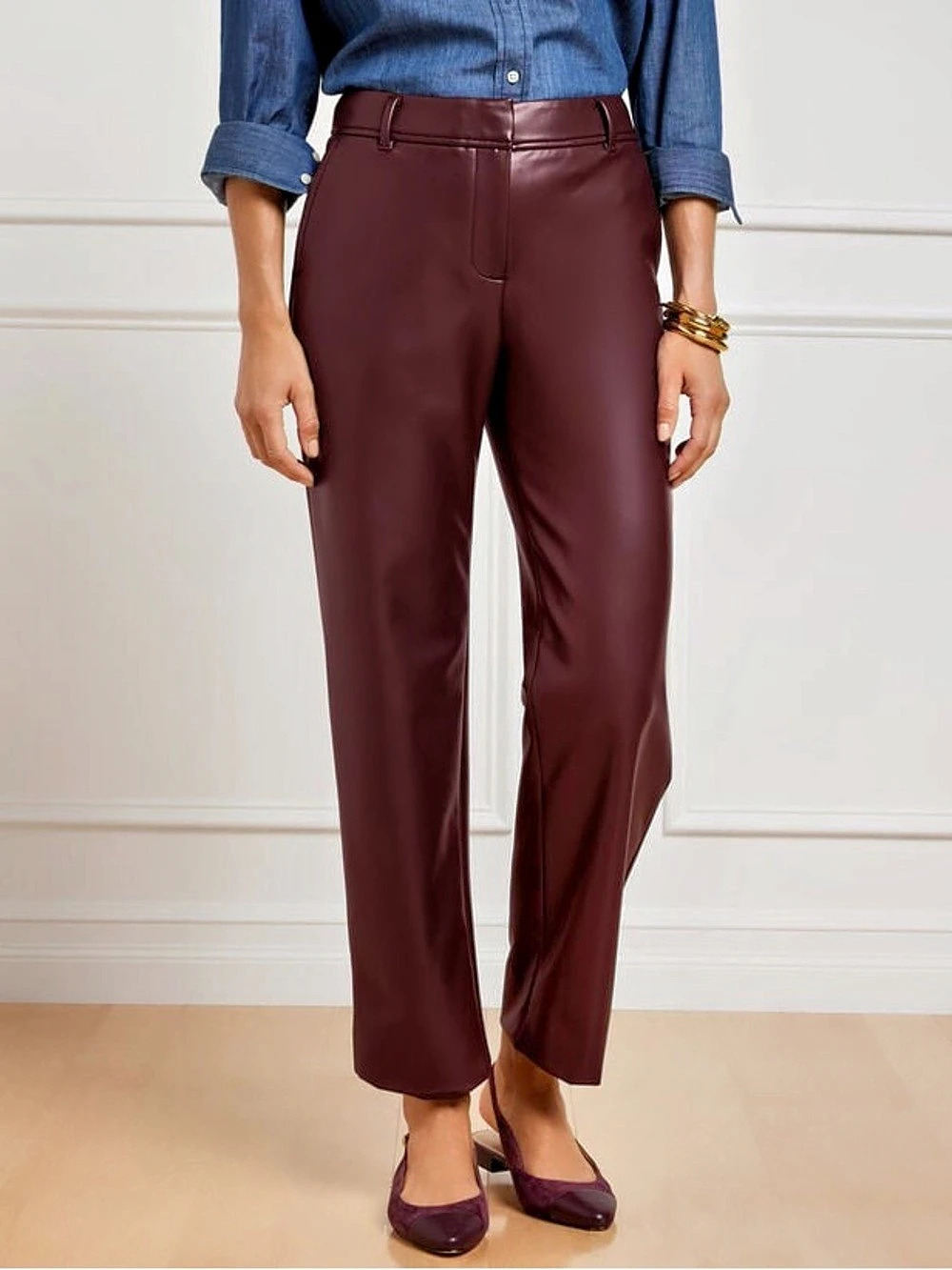 NWT Talbots Faux Leather Straight Leg Pants, Burgundy Size 10